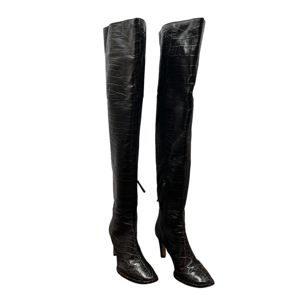 Reformation Croc Embossed Leather Thigh High Boots Wmns 9.5 Brwn Brazil RARE HTF